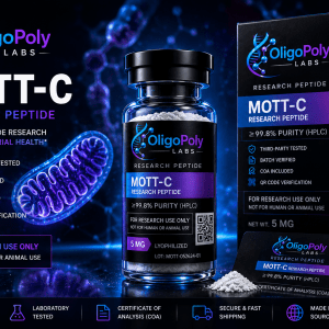MOTS-c research peptide vial with mitochondrial scientific graphics, COA verified packaging, and QR traceability from OligoPoly Labs