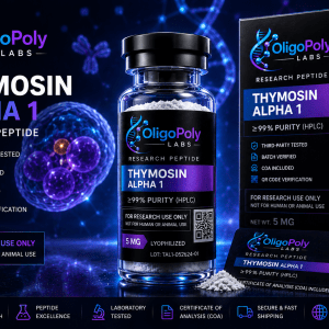 Thymosin Alpha 1 research peptide vial with COA verified packaging and QR code traceability from OligoPoly Labs