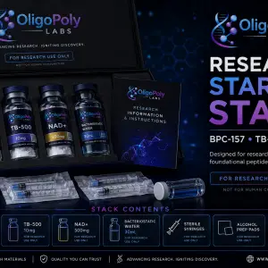 Starter Research Stack featuring BPC-157, TB-500, and GHK-Cu by OligoPoly Labs.