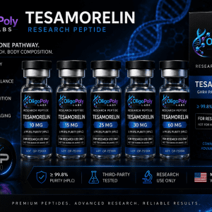 Tesamorelin research peptide vial with COA verified packaging and QR code traceability from OligoPoly Labs