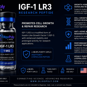 IGF-1 LR3 1mg research peptide vial with COA verified packaging and QR code traceability from OligoPoly Labs