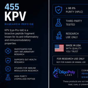KPV research peptide vial with COA verified packaging and QR code traceability from OligoPoly Labs