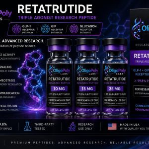 Retatrutide 10mg research peptide vial with COA verified HPLC tested documentation from OligoPoly Labs