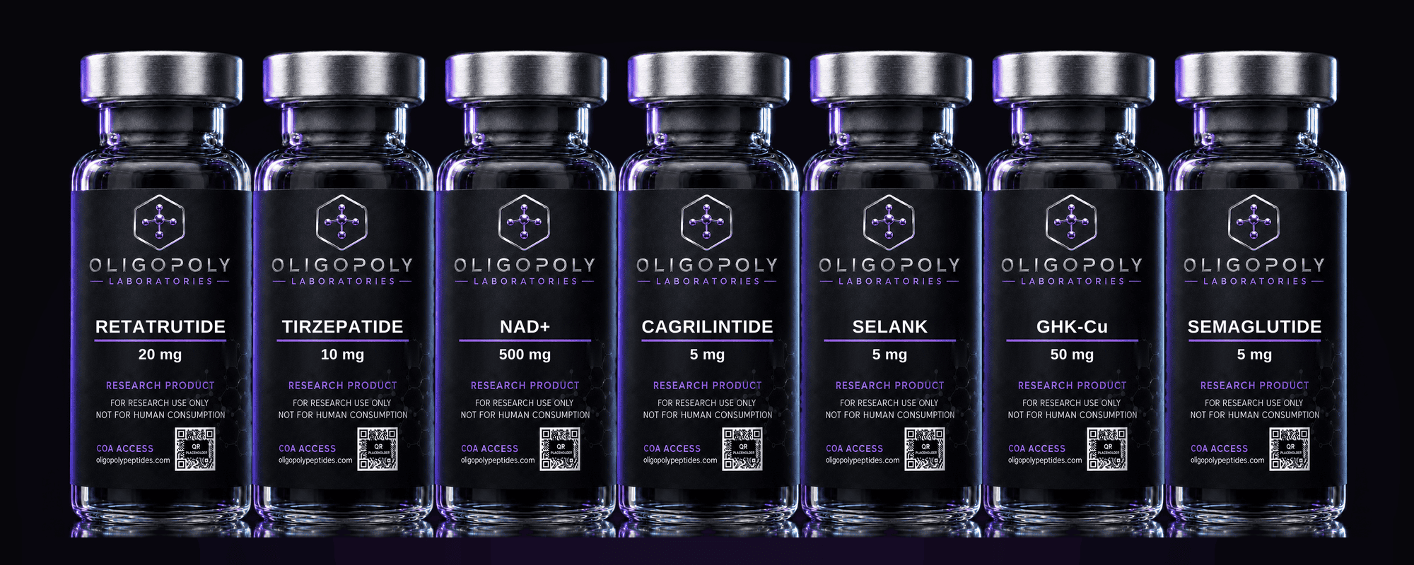 A group of OligoPoly Laboratories research vials, each with an independent product label.