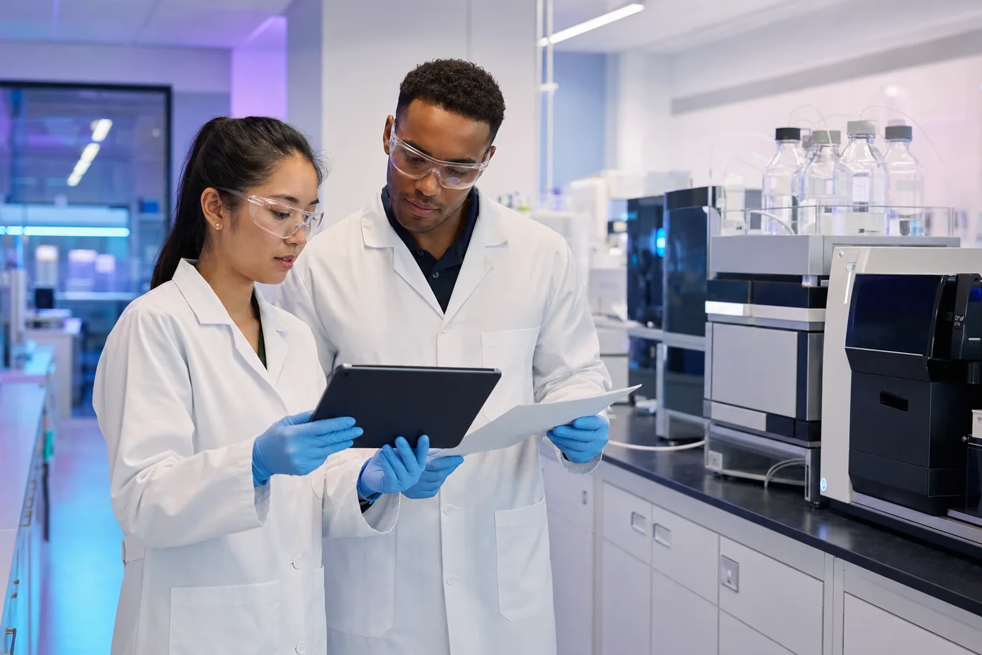 Laboratory technicians reviewing sample documentation beside analytical instruments