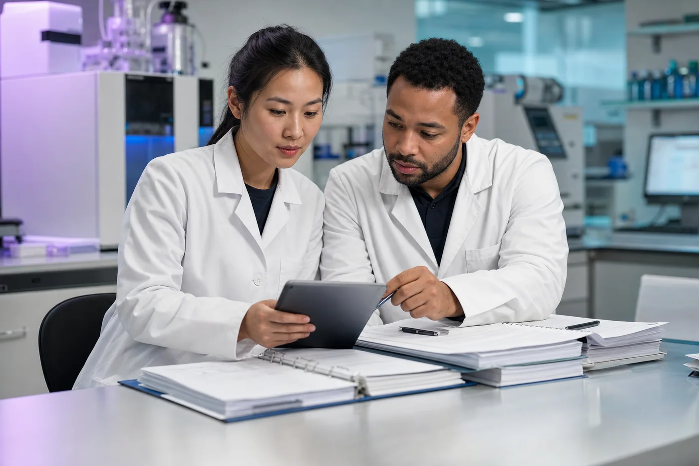 Quality-review professionals examining documentation in a laboratory workspace