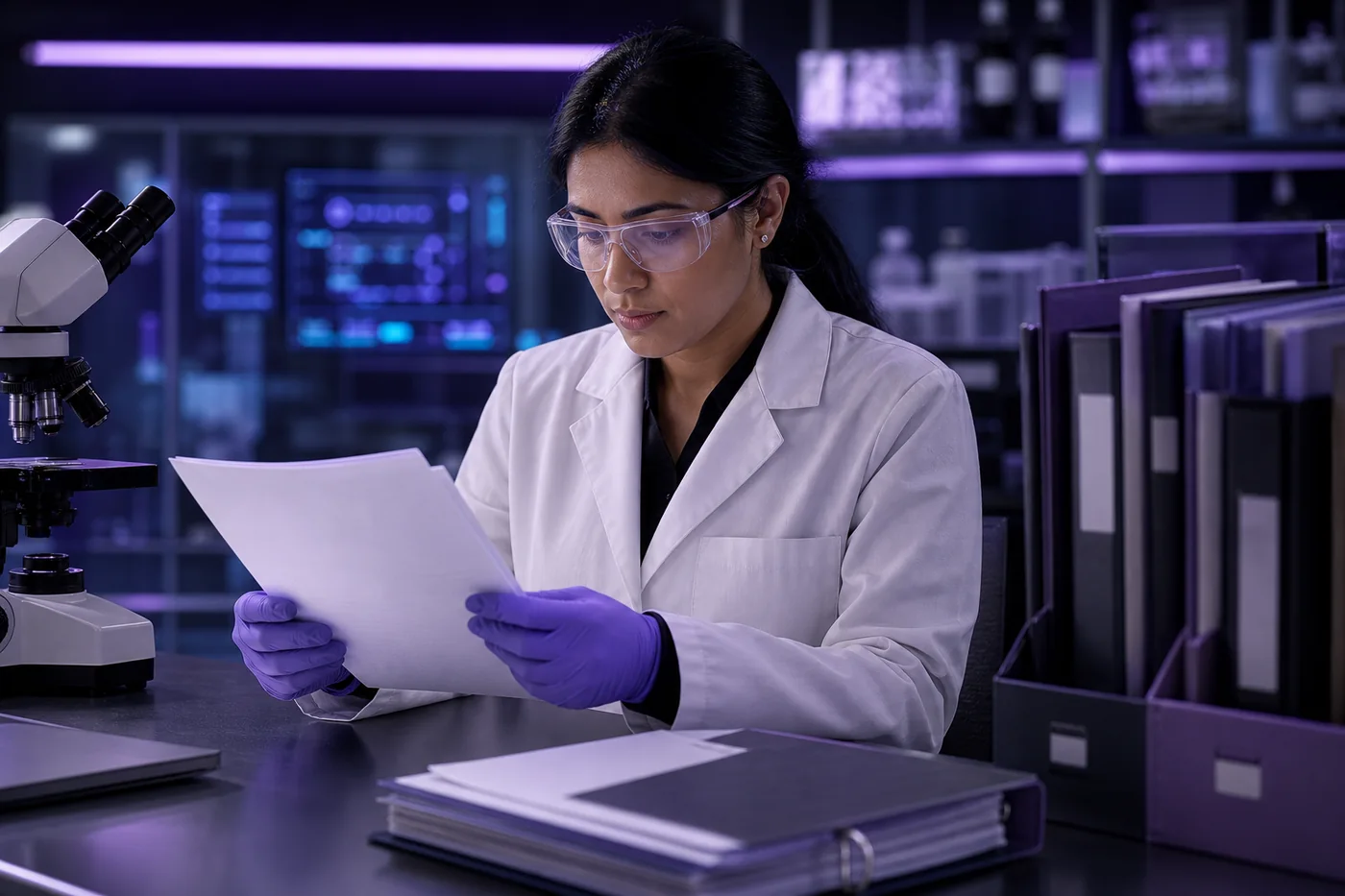 Laboratory quality professional reviewing a controlled-use policy document