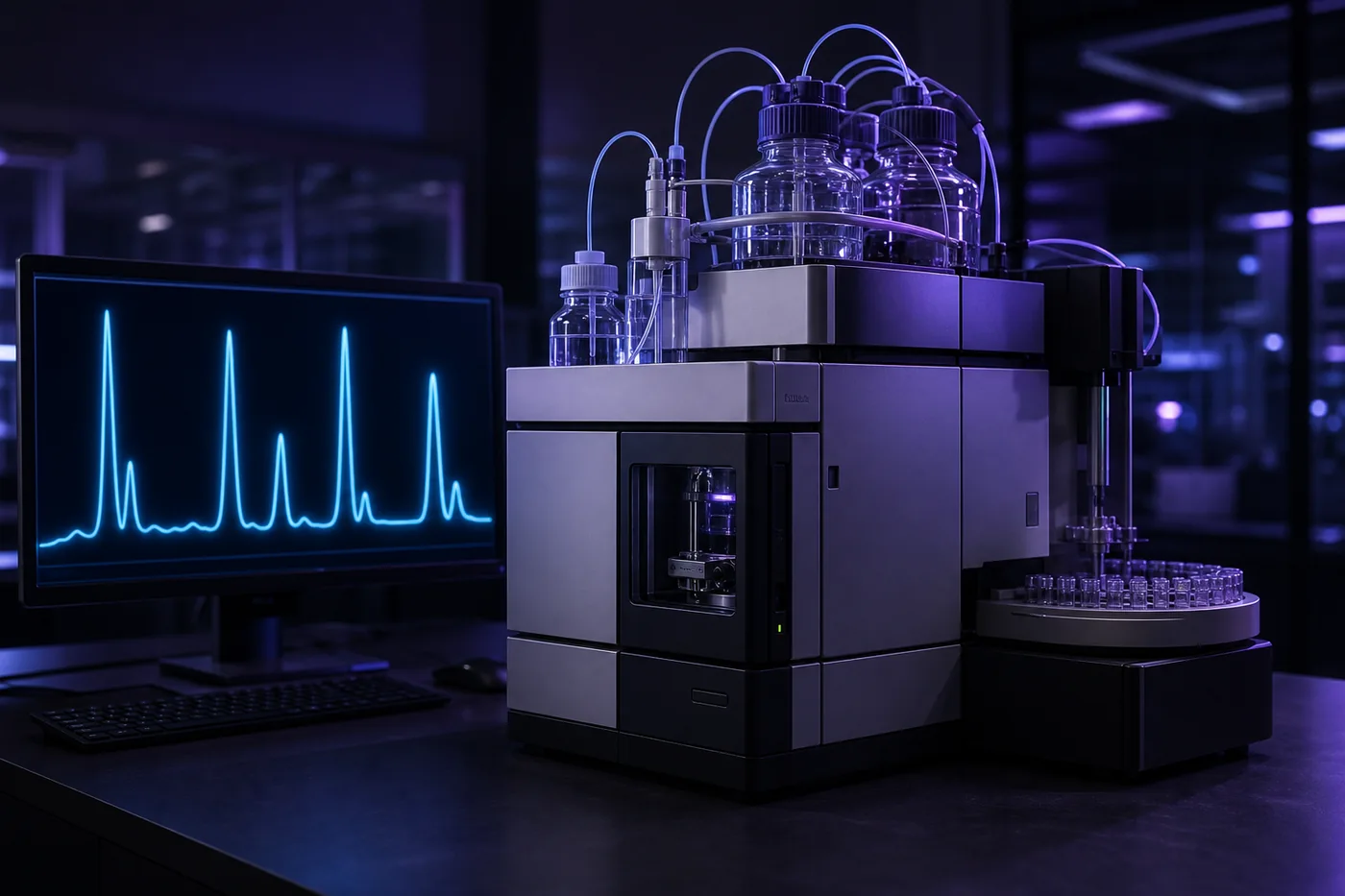 Analytical chromatography instrument with an unlabeled cyan waveform display