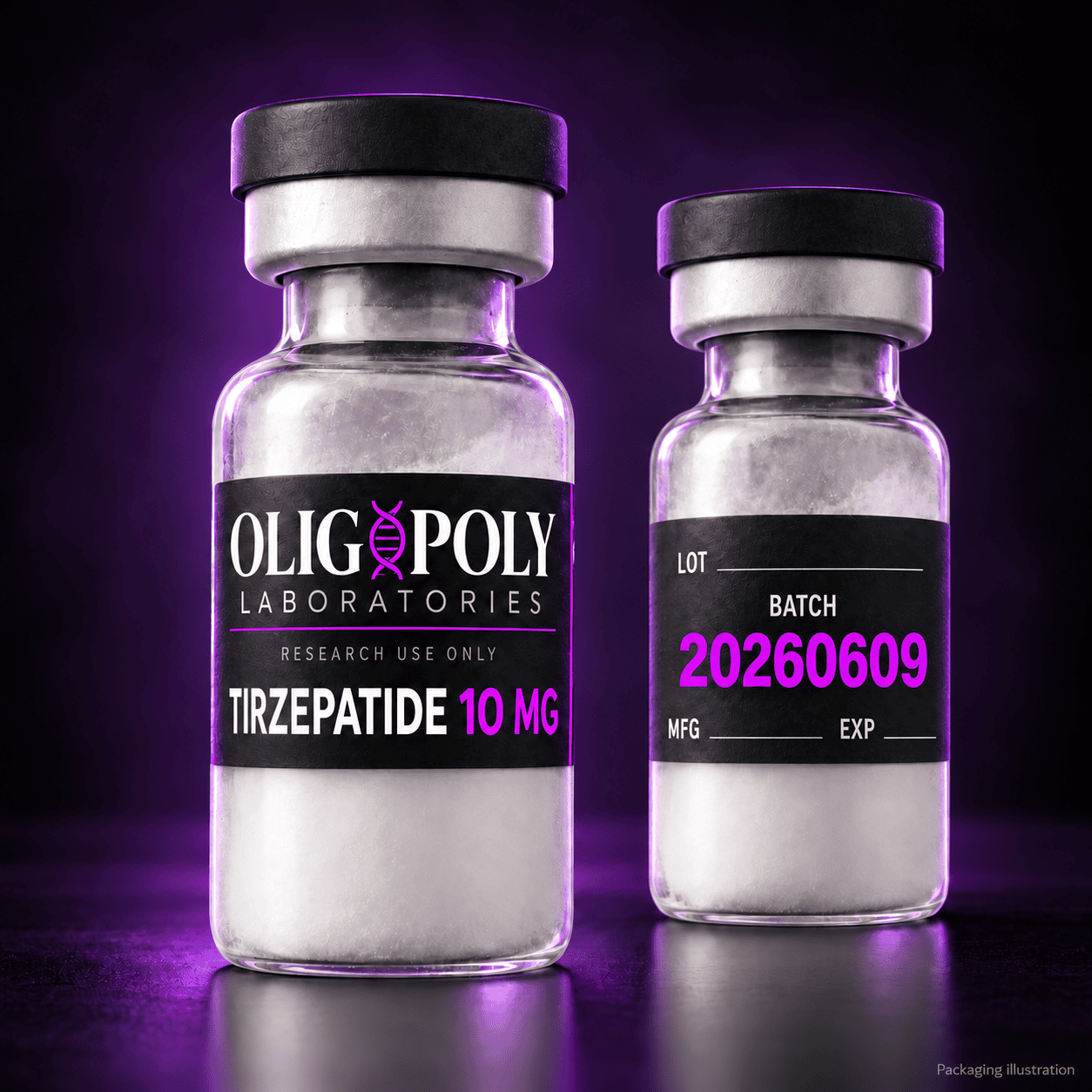 OligoPoly Tirzepatide 10 mg front and back vial illustration with batch 20260609