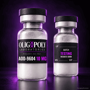 OligoPoly AOD-9604 10 mg front and back vial illustration, batch testing in progress, results soon