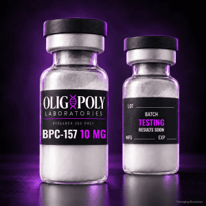 OligoPoly BPC-157 10 mg front and back vial illustration, batch testing in progress, results soon