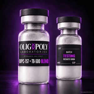 OligoPoly BPC-157 + TB-500 blend front and back vial illustration, batch testing in progress, results soon