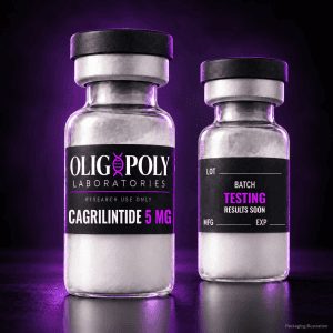 OligoPoly Cagrilintide 5 mg front and back vial illustration, batch testing in progress, results soon
