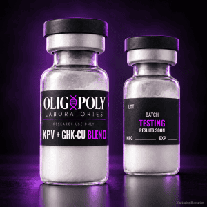 OligoPoly KPV + GHK-Cu blend front and back vial illustration, batch testing in progress, results soon