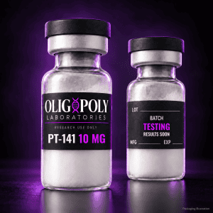 OligoPoly PT-141 10 mg front and back vial illustration, batch testing in progress, results soon