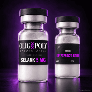 OligoPoly Selank 5 mg front and back vial illustration with batch OP-20260720-B001