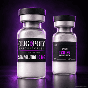 OligoPoly Semaglutide 10 mg front and back vial illustration, batch testing in progress, results soon