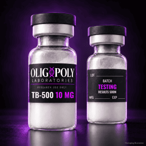 OligoPoly TB-500 10 mg front and back vial illustration, batch testing in progress, results soon