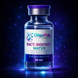Bacteriostatic Water 30mL laboratory supply by OligoPoly Labs for peptide research preparation.
